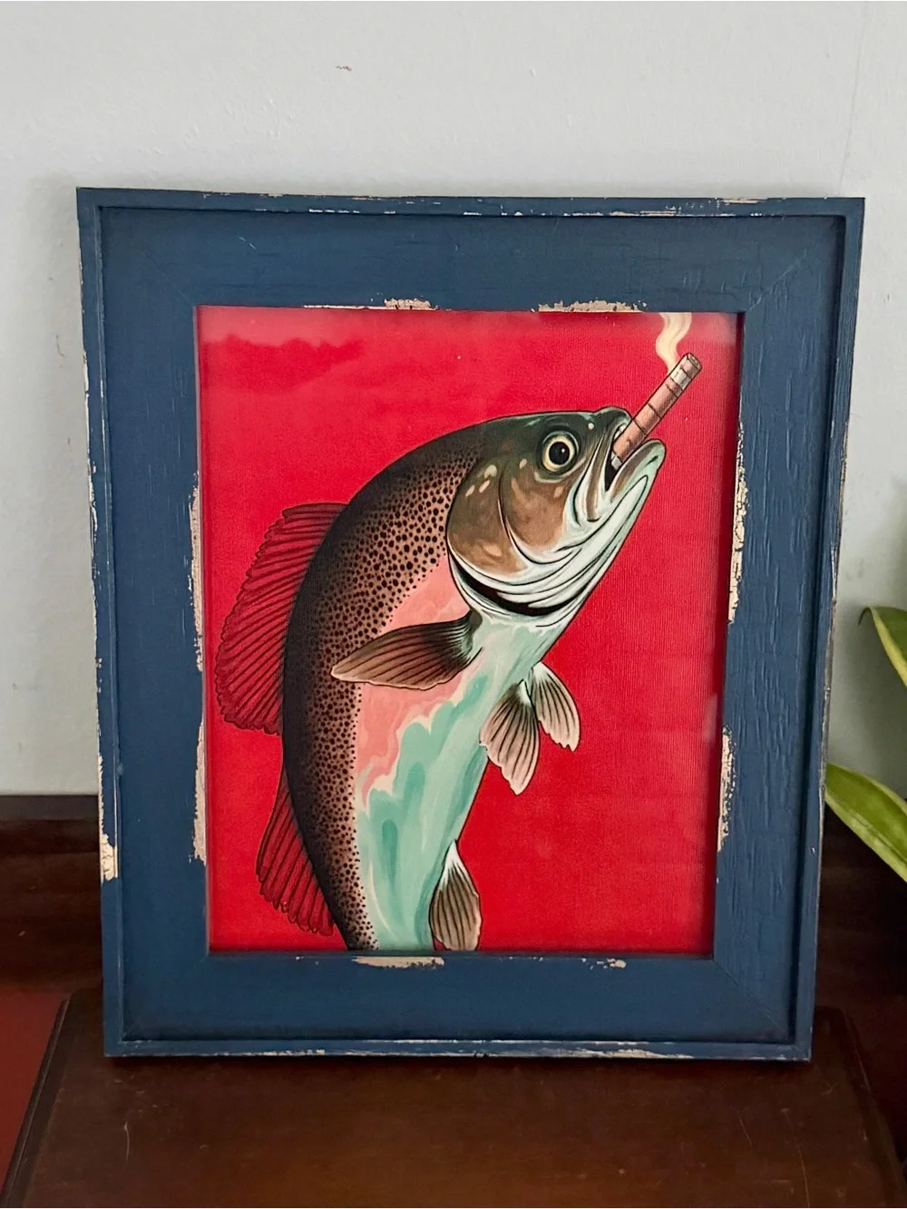 Trout Fish Smoking a Cigarette Cigar Vintage Style Canvas Wall Art Print Framed